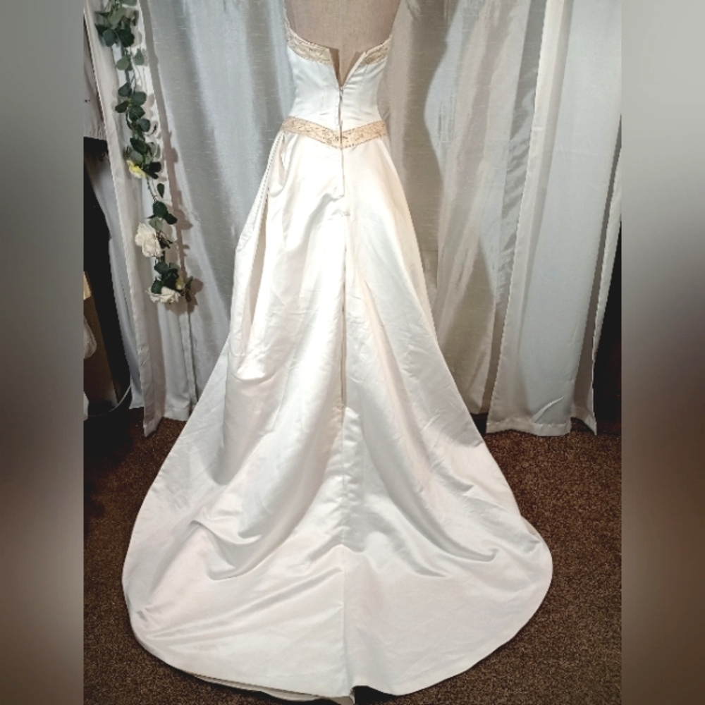 David Bridal Strapless Dress, Train, White+Gold Vine Beaded Satin,Ruched,Zip, 2